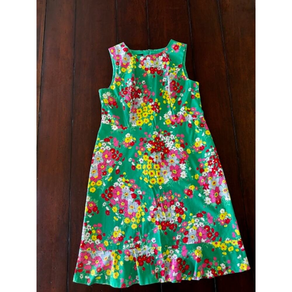 Talbots Petite Size 10 Green Floral Cotton Dress Sleeveless Ruffle Hem